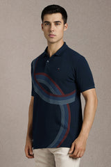 Men's Navy Casual Printed Slim Fit Half Sleeves Polo Tshirt