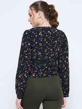 Women's Black Floral Print V-Neck Top