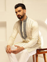 Men's Cream Cotton Silk Long Kurta with Elegant Neck Embroidery