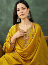 Women's Yellow Gracefully Beaded Yoke Kurta Paired with Solid Trouser and Dupatta