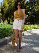 Women's Mustard Casual Self-Design Regular Fit Sleeveless Top