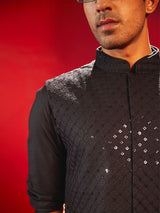 Men's Black Silk Blend Embroidered Sequinned Full Sleeves Nehru Jacket