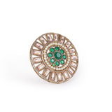 Women's Round Design Green and Grey Stone Gold Plated Brass Adjustable Finger Ring