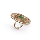 Women's Round Design Green and Grey Stone Gold Plated Brass Adjustable Finger Ring