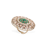 Women's Round Design Green and Grey Stone Gold Plated Brass Adjustable Finger Ring