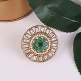 Women's Round Design Green and Grey Stone Gold Plated Brass Adjustable Finger Ring