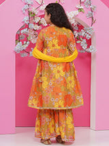Girls Yellow Floral Printed Alia Design Kurta and Sharara With Dupatta