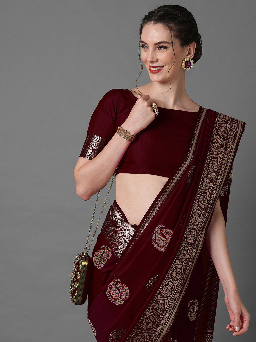 Women's Silk Blend Brown Woven Design Celebrity Saree with Blouse Piece
