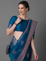 Women's Silk Blend Blue Woven Design Celebrity Saree with Blouse Piece