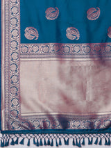 Women's Silk Blend Blue Woven Design Celebrity Saree with Blouse Piece