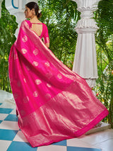 Women's Silk Blend Pink Woven Design Celebrity Saree with Blouse Piece