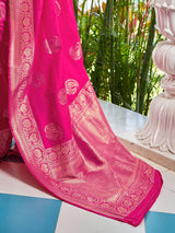Women's Silk Blend Pink Woven Design Celebrity Saree with Blouse Piece