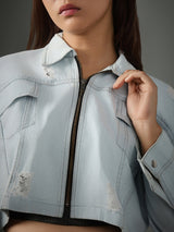 Women Blue Casual Regular Fit Solid Full Sleeves Blue Cropped Jacket