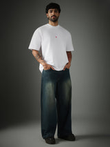 Unisex Blue Casual Faded Wide Leg Jeans