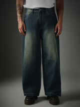 Unisex Blue Casual Faded Wide Leg Jeans