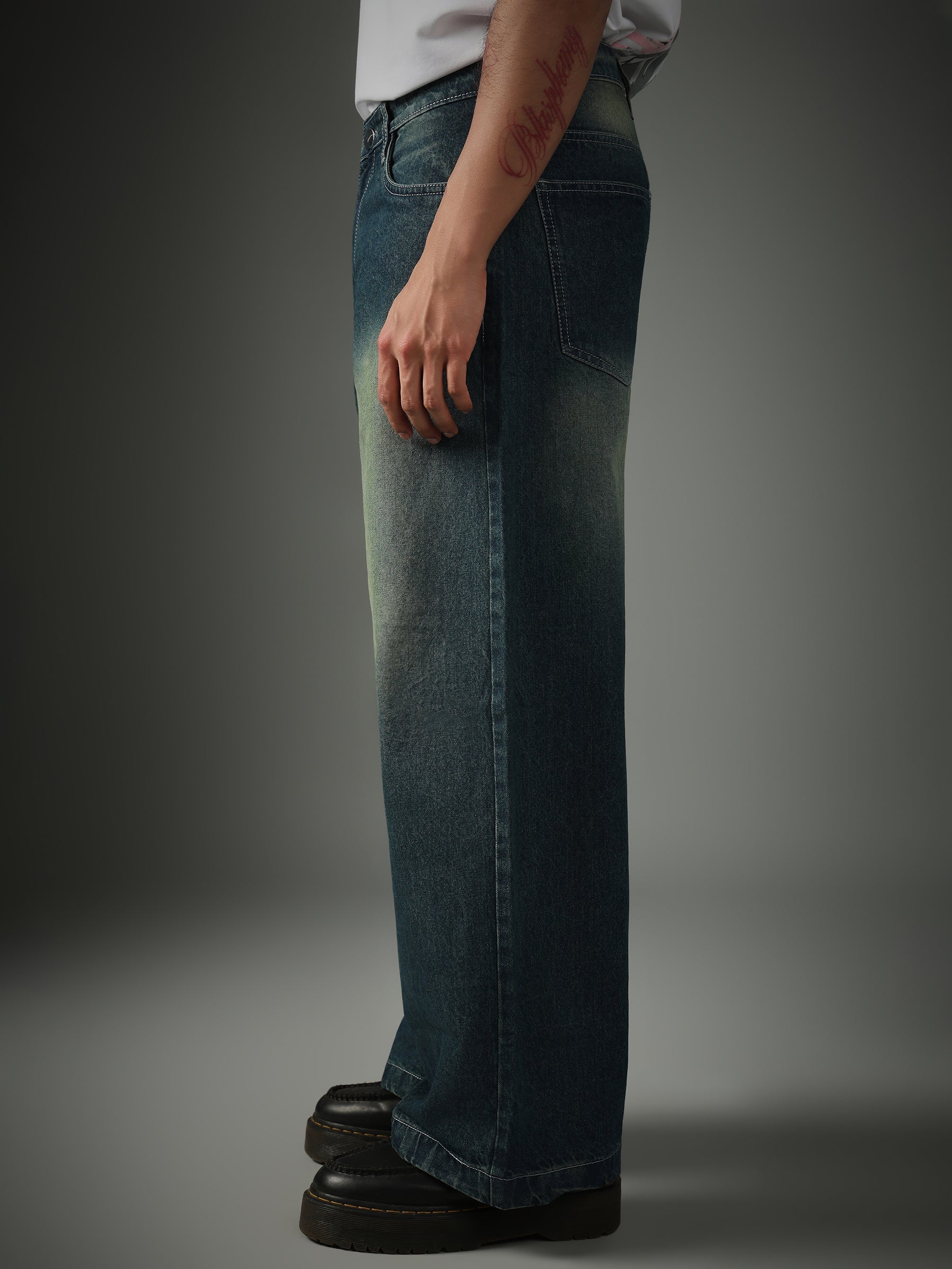 Unisex Blue Casual Faded Wide Leg Jeans
