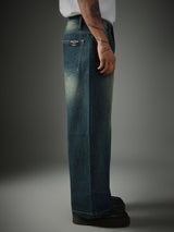 Unisex Blue Casual Faded Wide Leg Jeans