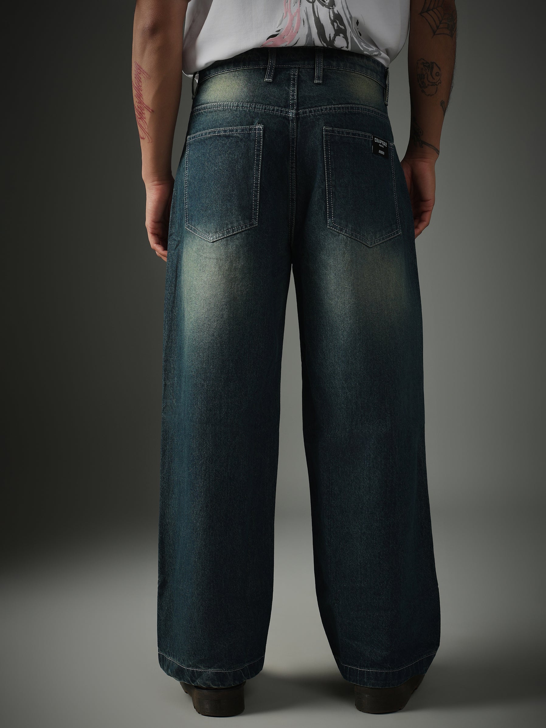 Unisex Blue Casual Faded Wide Leg Jeans