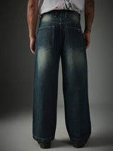 Unisex Blue Casual Faded Wide Leg Jeans