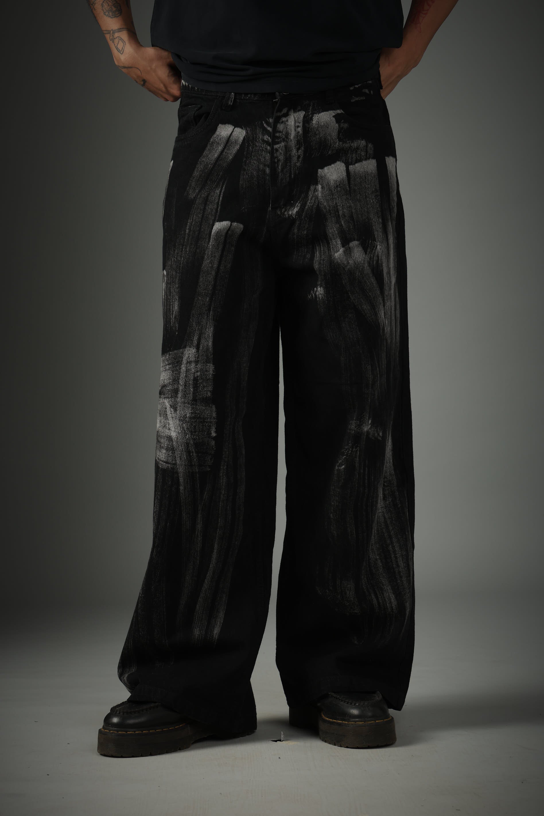 Unisex Black Casual Brushed Acid Faded Wide Leg Jeans