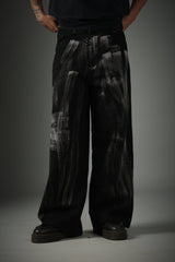 Unisex Black Casual Brushed Acid Faded Wide Leg Jeans