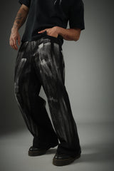Unisex Black Casual Brushed Acid Faded Wide Leg Jeans