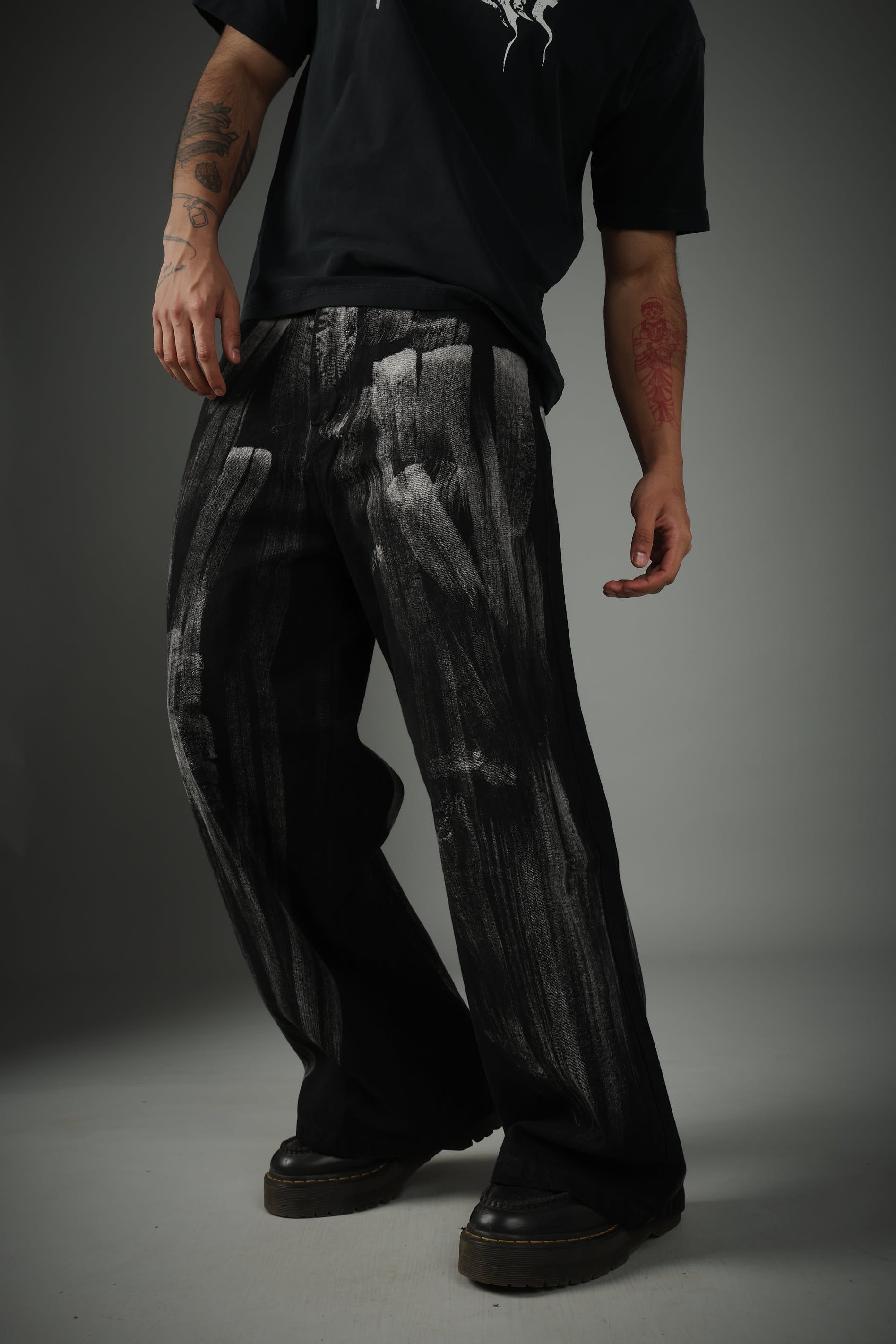 Unisex Black Casual Brushed Acid Faded Wide Leg Jeans