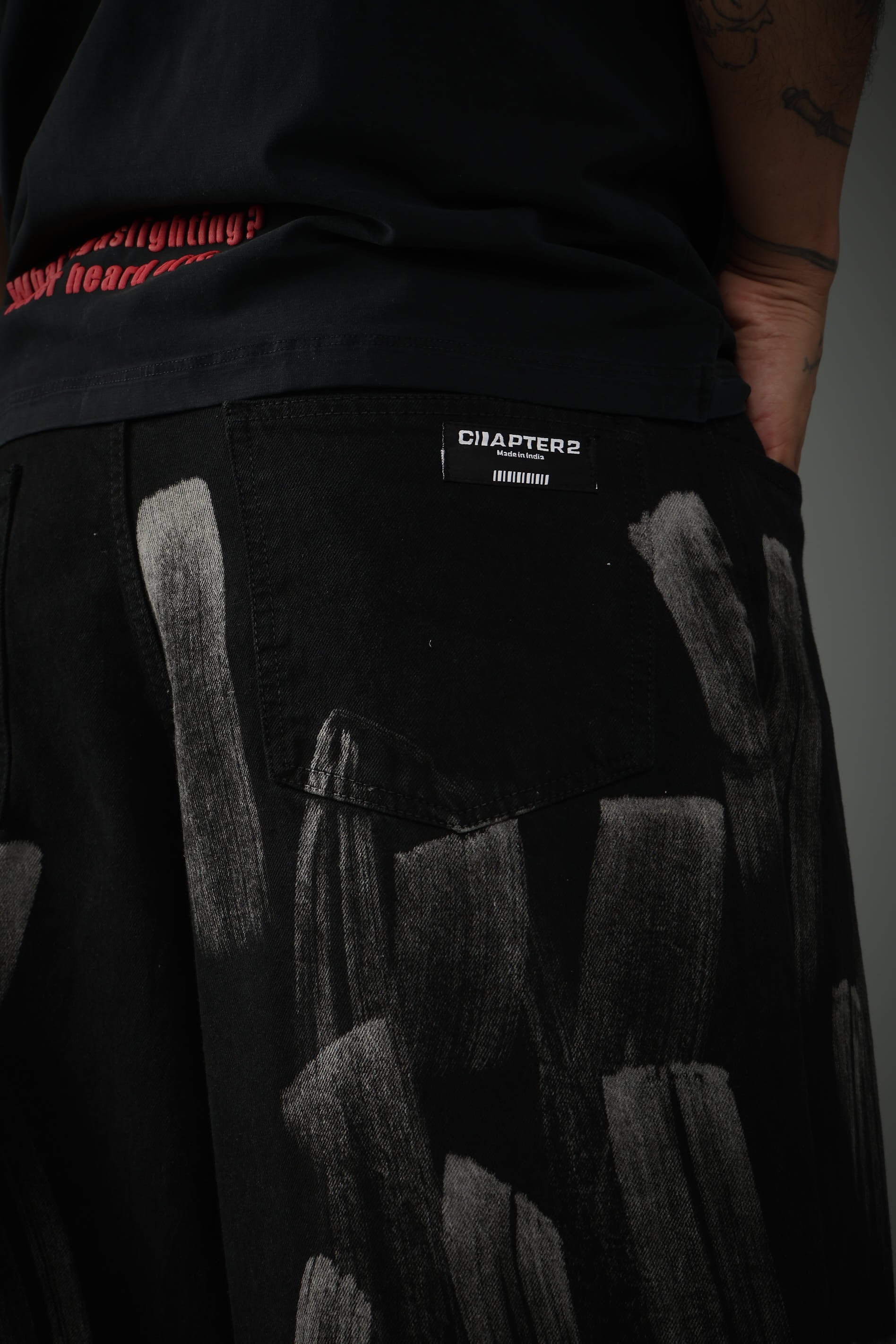 Unisex Black Casual Brushed Acid Faded Wide Leg Jeans