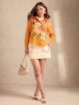 Women's Orange Oversized All Over Embellishment Printed Shirt