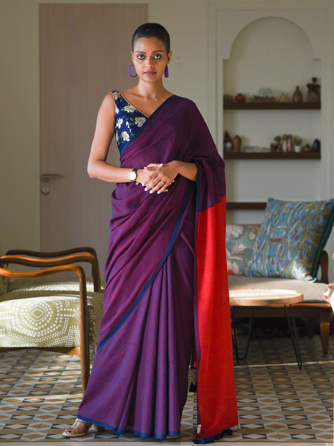 Women's Purple Cotton Blend Saree