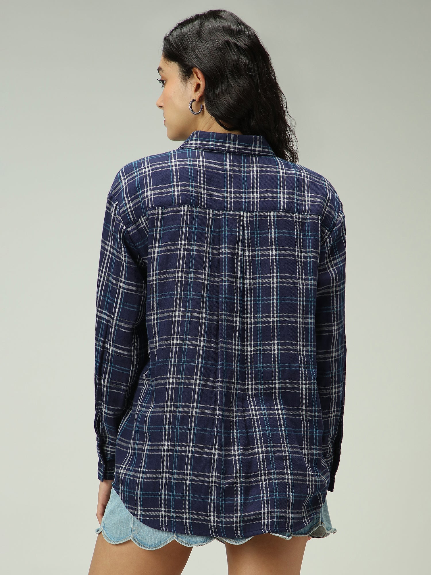 Women's Navy Casual Oversized Fit Checked Shirt