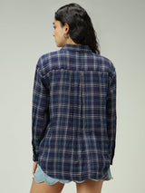 Women's Navy Casual Oversized Fit Checked Shirt