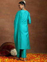 Women's Teal Blue Embroidered Straight Kurta and Teal Blue Solid Trouser with Blue Self Design Dupatta