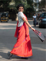 Women's Orange Mul Cotton Saree