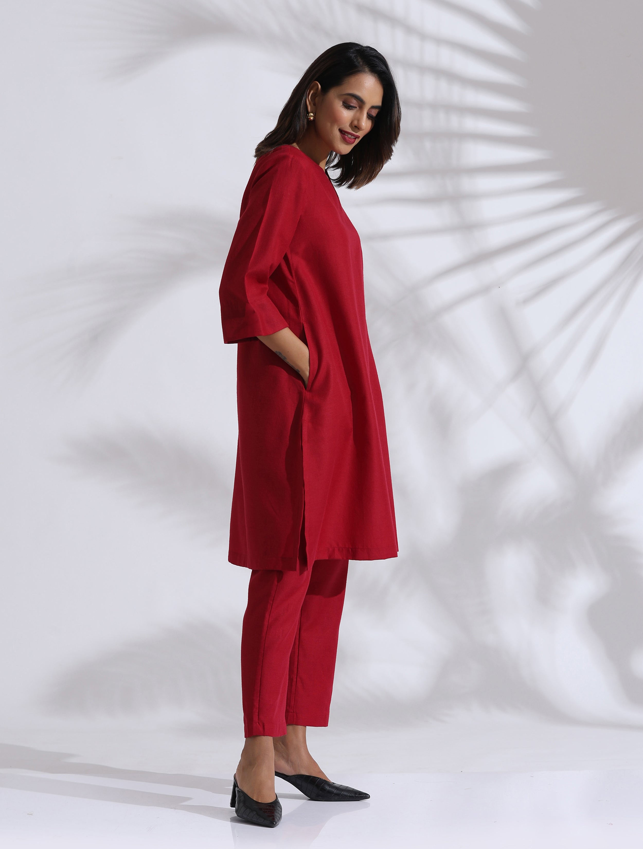 Women's Red Slub Kurta Co-ord Set