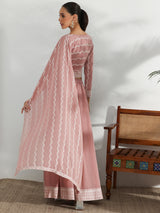 Women's Pink Ethnic Motif Embroidered Georgette Top with One Side Extended Sleeve and Solid Wide Leg Palazzo