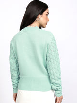 Women's Blue Casual Self-Design Full Sleeves Sweater