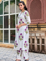Women's White and Lavender Floral A-Line Kurta Set