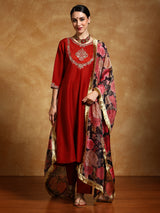Women's Zari Embroidered Yoke Anarkali Kurta With Trouser & Dupatta