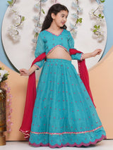 Girls Sea Green & Pink Embroidered Choli and Ready to Wear Lehenga with Dupatta