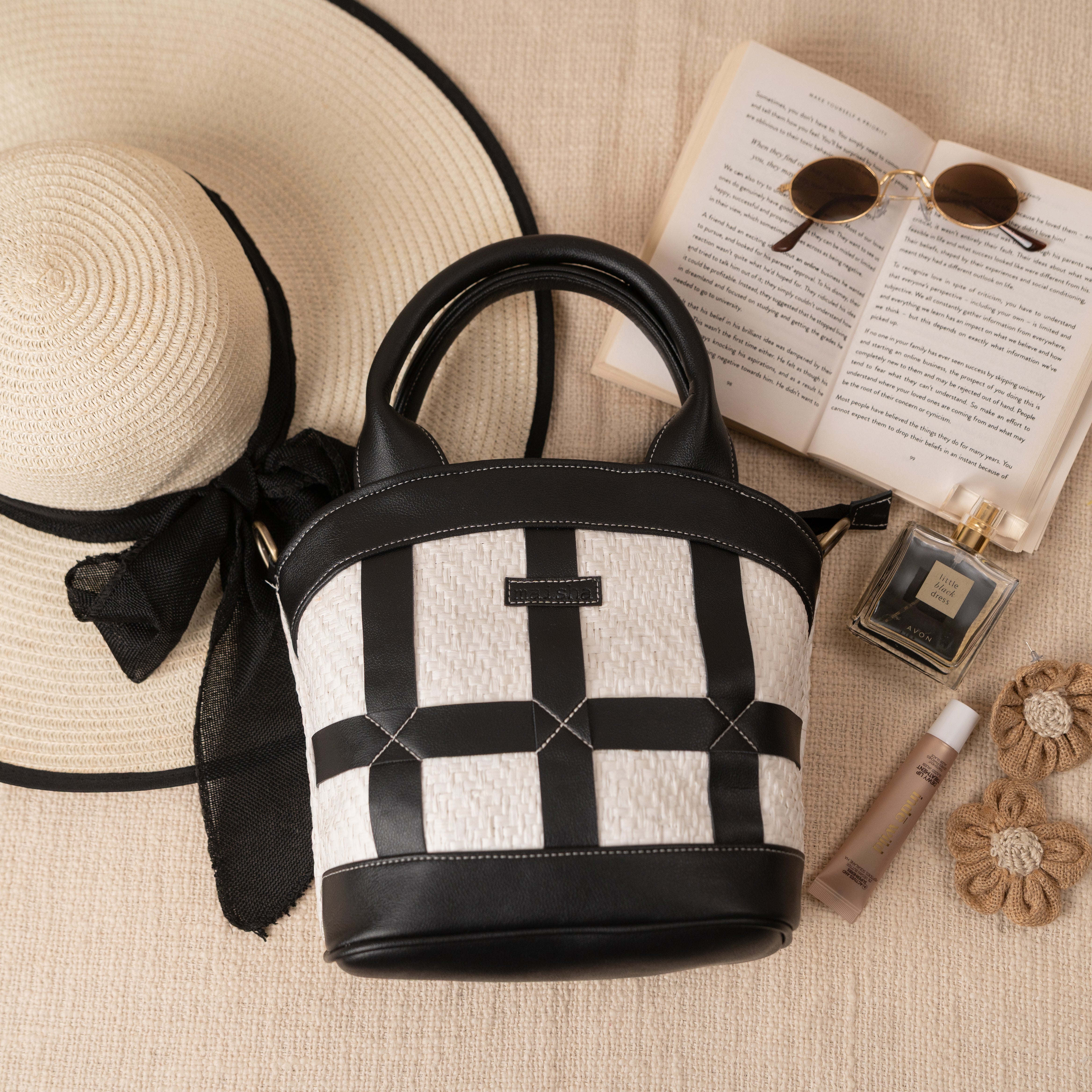 Women's Black Salt & Pepper Raffia Bag