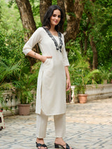 Women's Beige Geometry Embroidered Cotton Flex Kurta Set