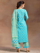 Women's Blue Cotton Printed Gotta Patti Tassel Detail Straight Kurta with Printed Trousers & Dupatta