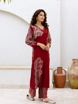 Women's Maroon Foil-Printed A-Line in German Rayon Kurta Set