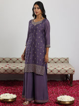 Women's Purple Floral Zari Embroidered Kurta With Palazzo and Printed Dupatta