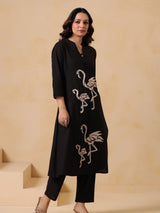 Women's Black Embroidered Cotton Kurta Pant Set
