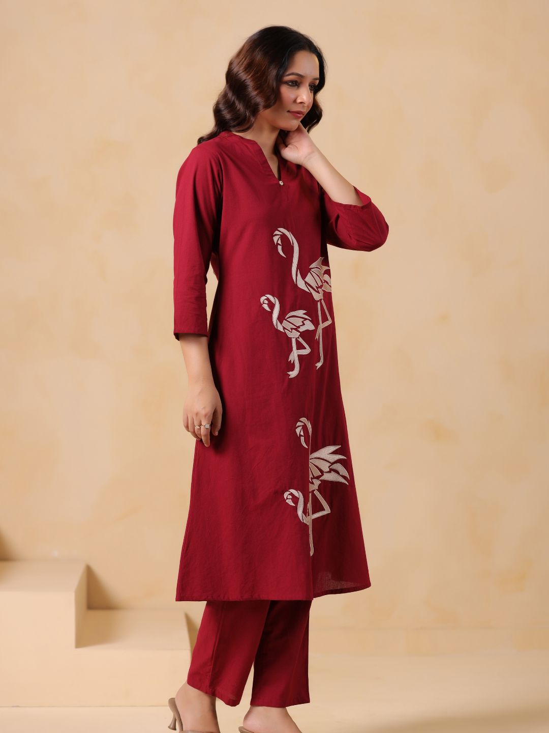 Women's Maroon Embroidered Cotton Kurta Pant Set
