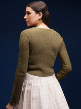 Women's Green Casual Self-Design Full Sleeves Sweater