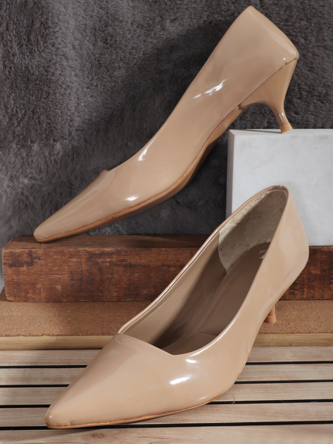 Women's Beige Solid Pointed Toe Kitten Heel Pumps