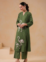 Women's Emerald Base Flamingo Embroidered Cotton Kurta Set